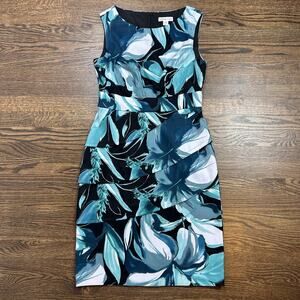 Coldwater Creek Dress Womens 10 Blue Floral Sleeveless Sheath Knee Length Ruffle